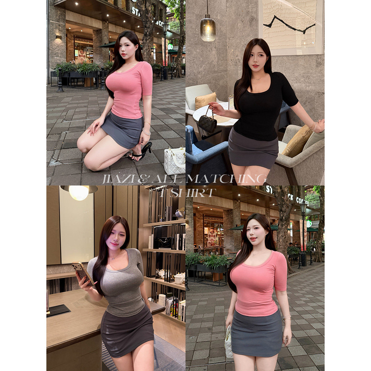 佳子 【江坂丽奈】微胖大码纯欲正肩高弹圆领短袖T恤夏季显瘦半身