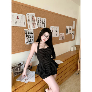 条纹无袖 反叛学姐 套装 醉月衫 辣妹包臀裙时尚 修身 短款 挂脖夏季