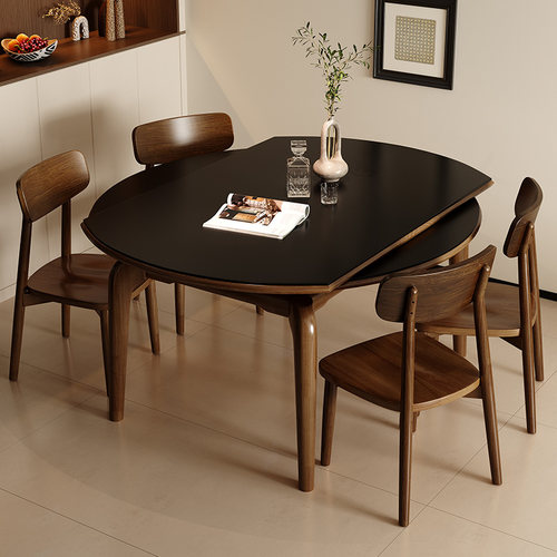 法式复古可伸缩实木岩板餐桌