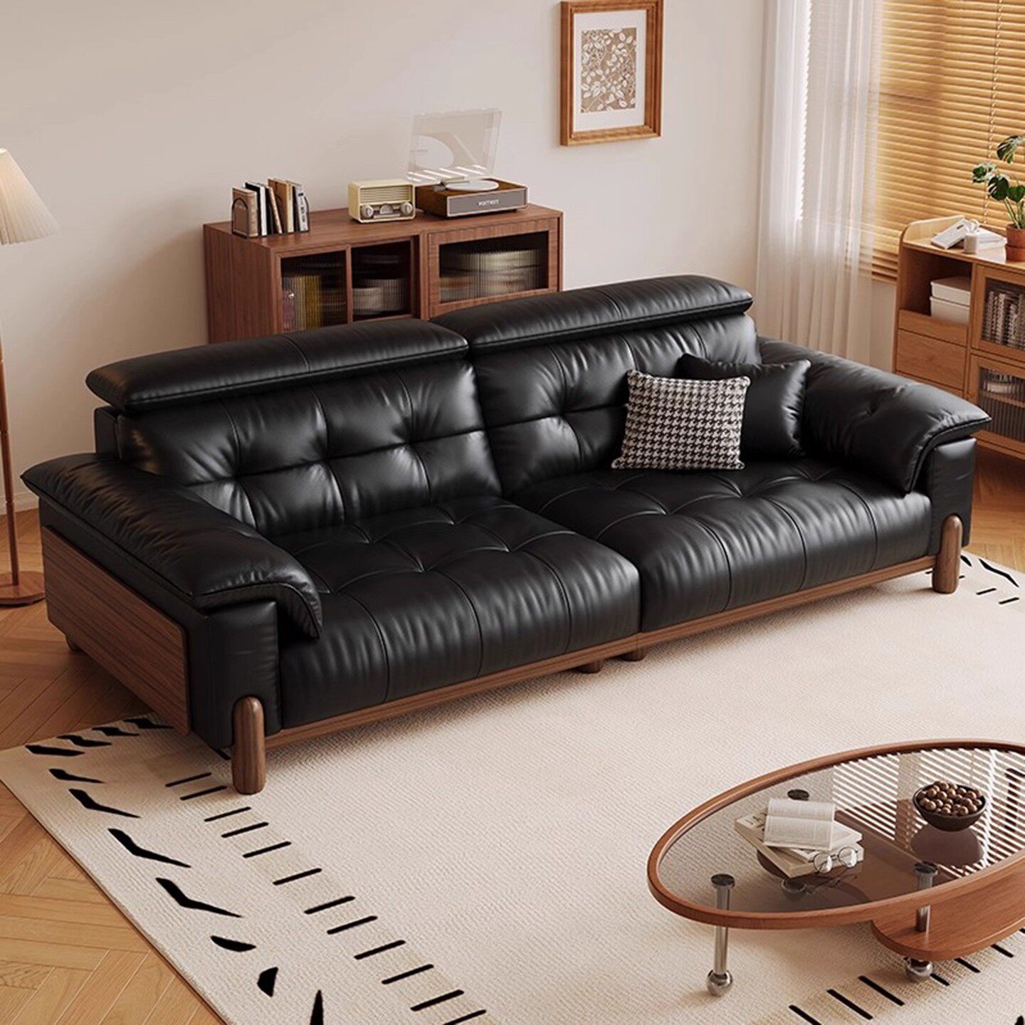 政府补贴蓝色理想中古风实木真皮沙发2025年新款小户型直排沙发