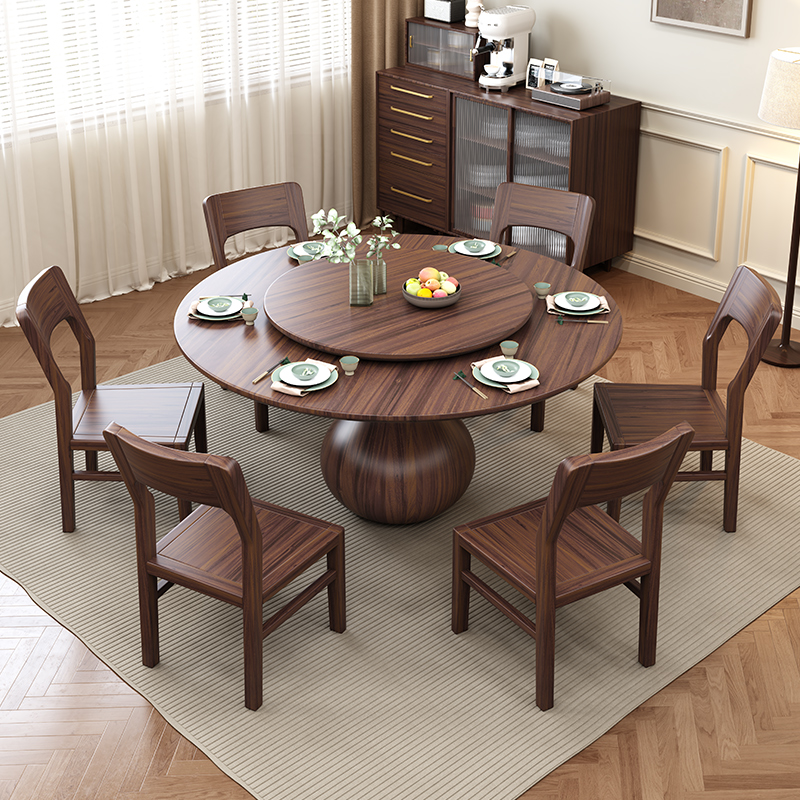 实木圆桌带转盘圆形餐桌椅组合