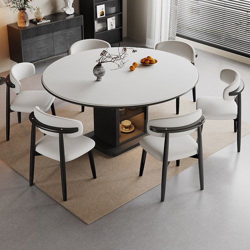 蓝色理想全实木岩板餐桌椅组合中古风小户型家用可伸缩变圆桌饭桌