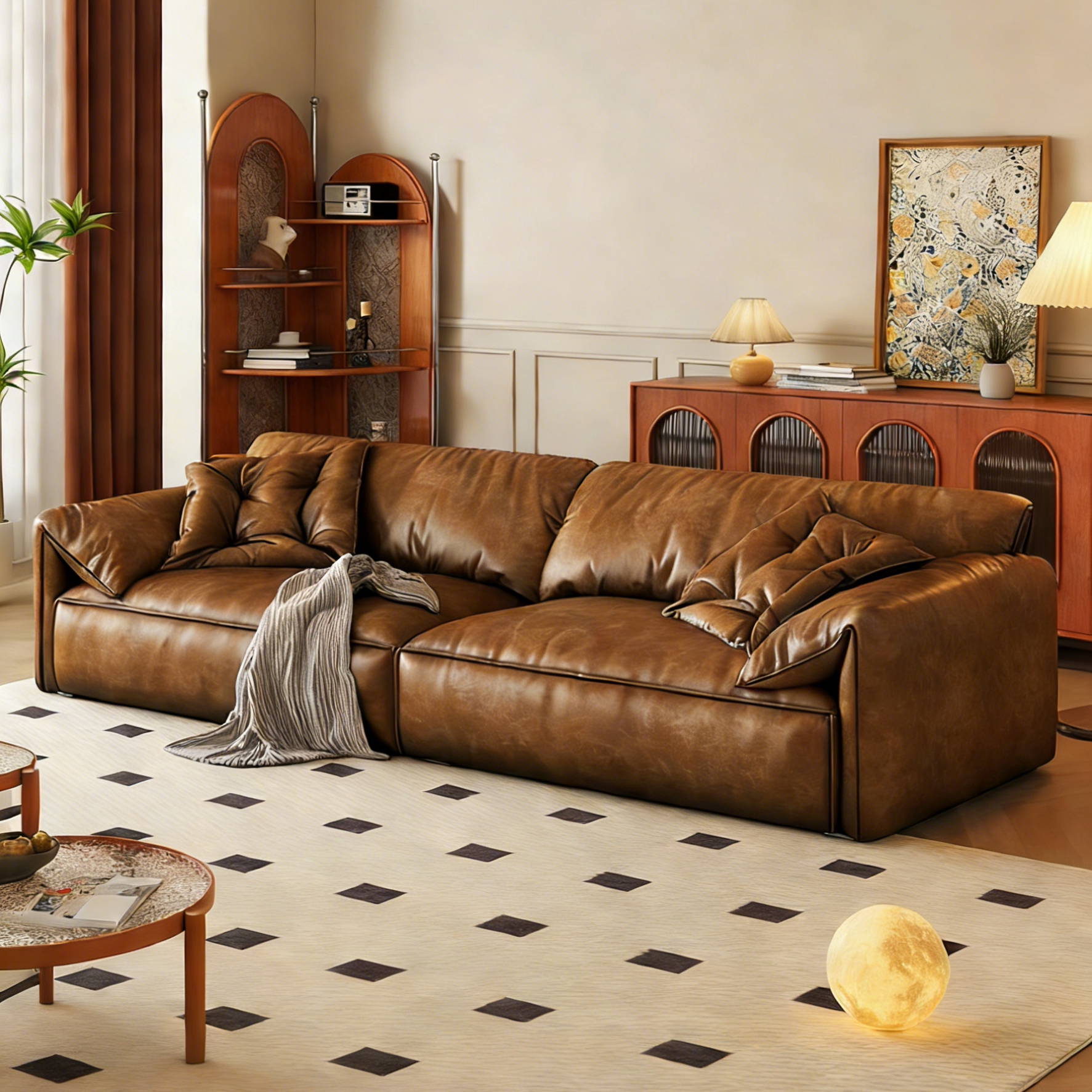 政府补贴蓝色理想中古风大象耳朵皮艺沙发复古油蜡真皮直排沙发