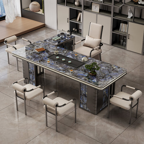 蓝色理想岩板茶桌椅组合高端大气烧水壶一体会议办公桌一桌五椅