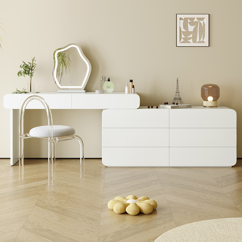 蓝色理想奶油风梳妆台斗柜一体卧室床尾柜化妆桌梳妆镜储物首饰柜