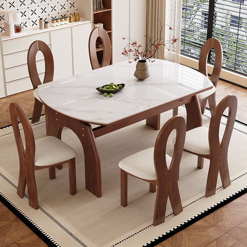 蓝色实木岩板餐桌椅组合家用可变圆桌复古2026新款餐桌