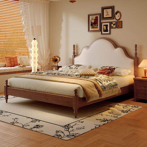 政府补贴蓝色理想法式复古全实木床中古风1.8m主卧轻奢软包双人床