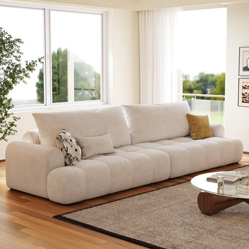 蓝色理想泡芙沙发意式极简奶油风布艺沙发客厅轻奢直排沙发