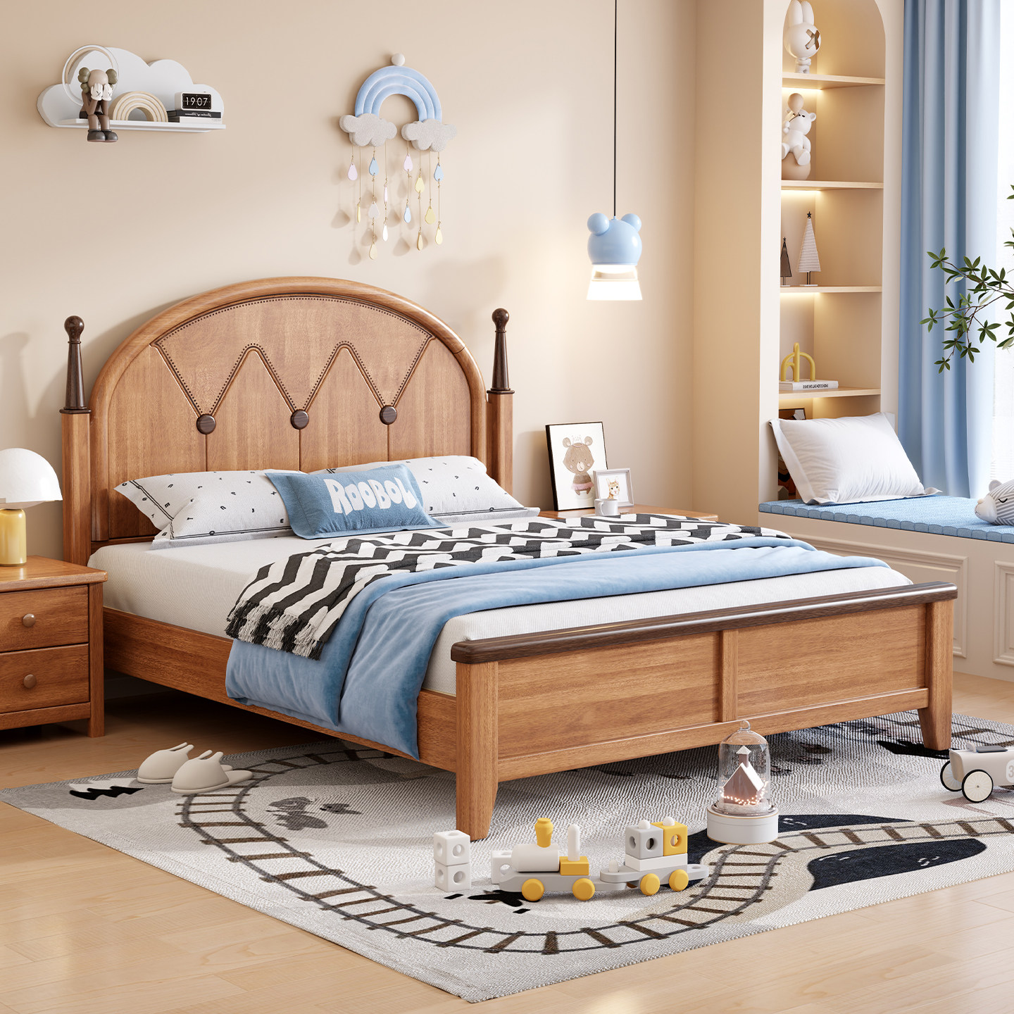 政府补贴蓝色理想儿童胡桃木实木床男孩女孩小户型1.2-1.5m主卧床,住宅家具,实木床,淘宝优惠券,粉丝福利购,淘宝优惠卷