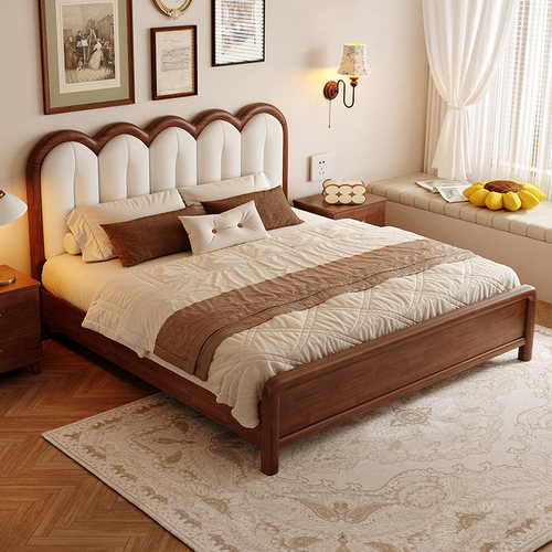 政府补贴蓝色理想全实木床中古风涟漪主卧床1.8米复古软包双人床