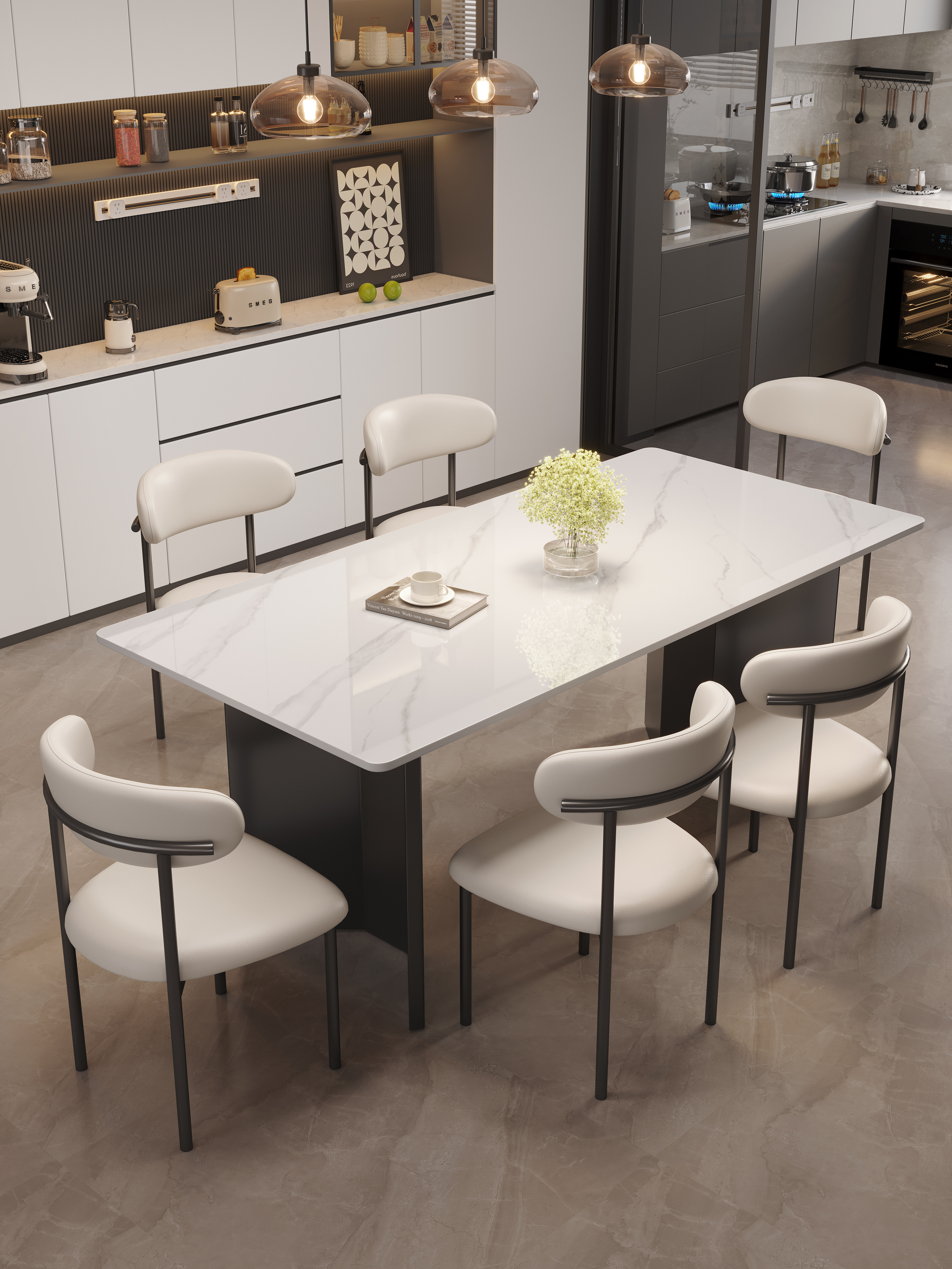 蓝色理想方形岩板餐桌椅组合现代简约家用小户型2025新款吃饭桌子