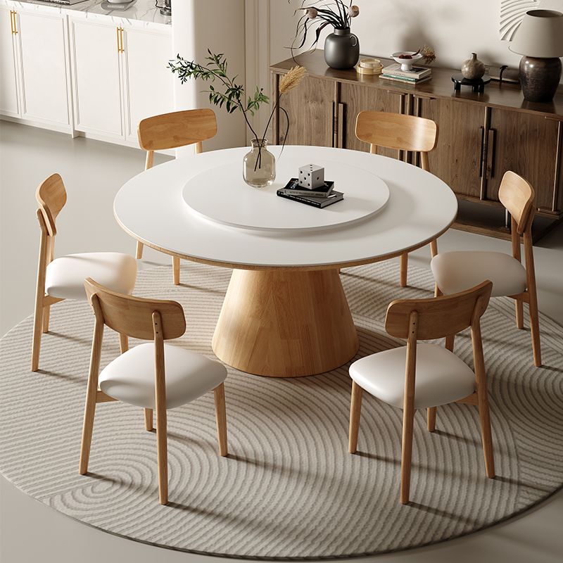 蓝色理想实木岩板餐桌家用小户型现代简约圆形带转盘圆桌吃饭桌子