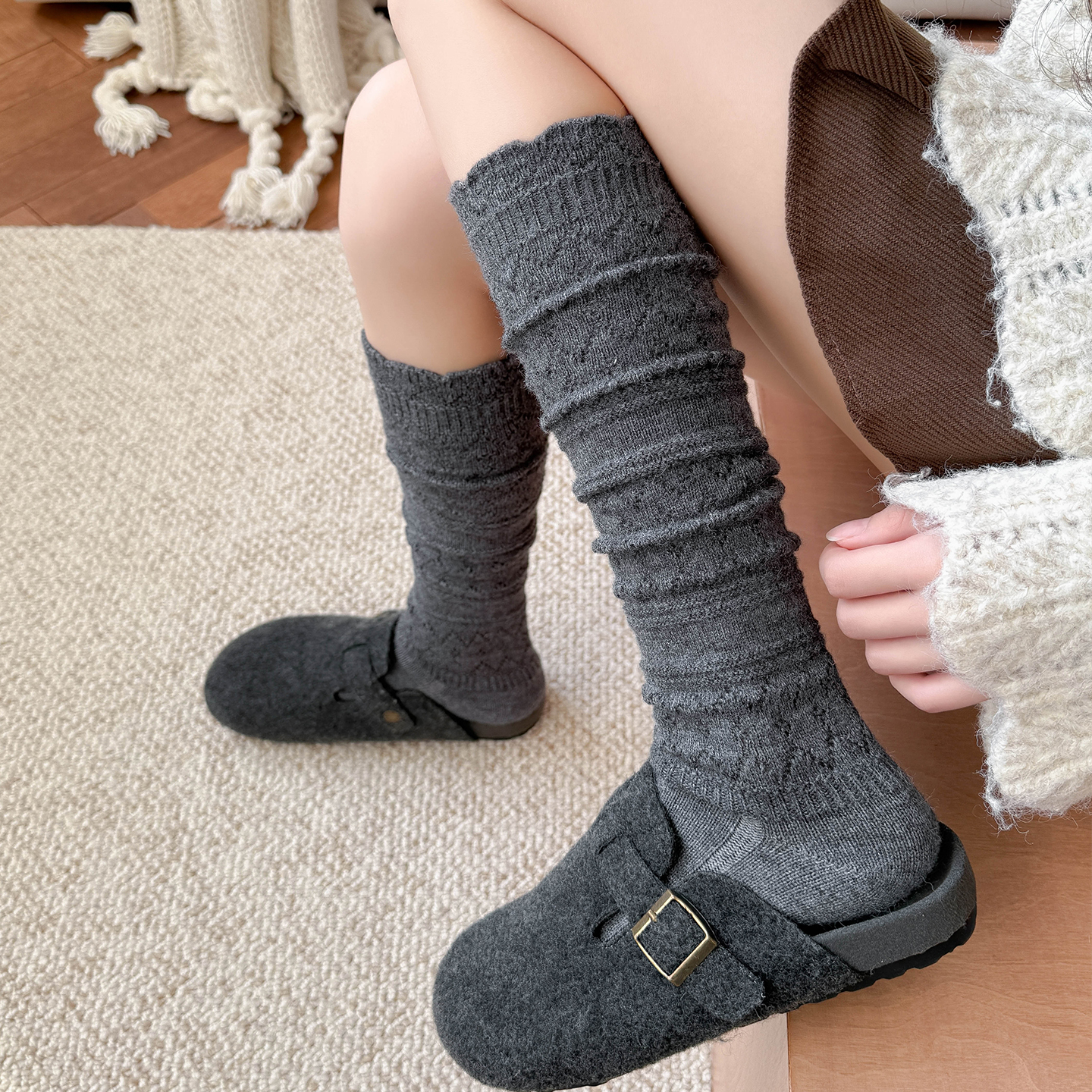 日系jk堆堆袜镂空及膝小腿袜