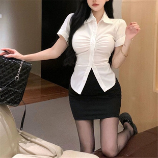 足疗店工作服衬衣白衬衫加黑色短裙套装女郭晶晶同款衣服衬衣性感