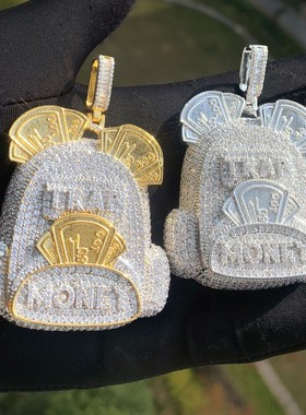 backpack设计背包微镶锆石双色嘻哈满钻吊坠潮流男士时尚潮流项链