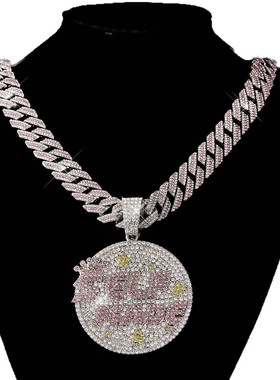 嘻哈粉钻皇冠男士古巴链项链