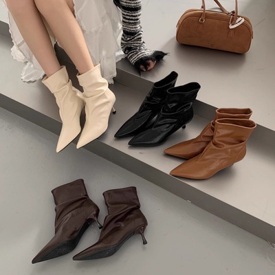 尖头细跟高跟鞋褶皱堆堆靴女短靴