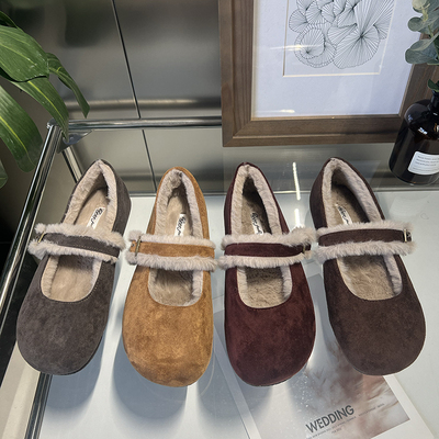 绒面一字扣带厚底玛丽珍单鞋女