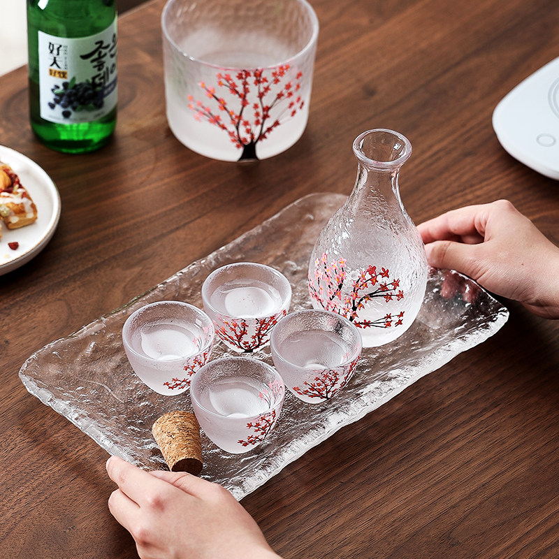 手工日式樱花玻璃清酒壶清酒杯套装家用一口杯白酒杯烫酒壶温酒器