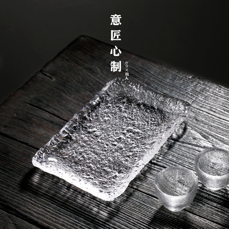 日式茶盘水晶玻璃家用锤目纹托盘