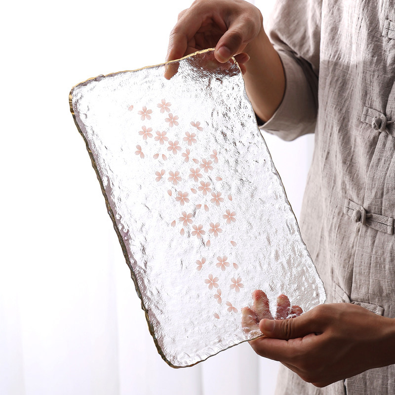 ins玻璃茶盘酒具托盘家用长方形轻奢摆盘放水杯茶水杯盘日式樱花