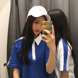 夏天韩版学院风polo领宽松打底衫韩国ulzzang短袖撞色T恤学生班服