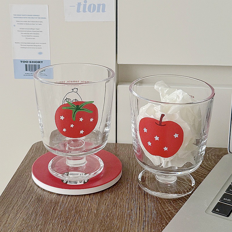 ins风星星苹果番茄高脚杯高颜值喝水杯子圣诞礼物插画玻璃牛奶杯