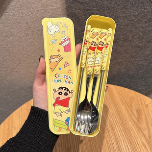正版蜡笔小新304不锈钢勺子叉子筷子陶瓷柄可爱便携餐具盒三件套