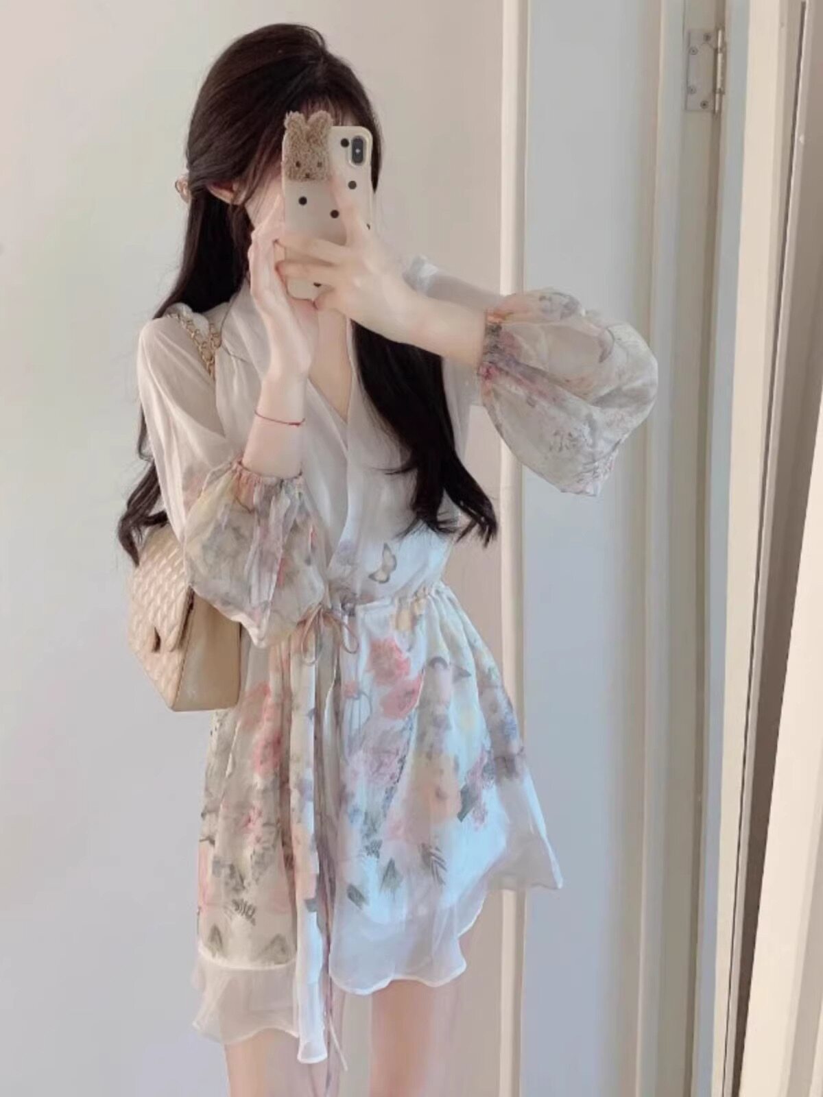 法式V领碎花雪纺长袖连衣裙女春大码连衣裙