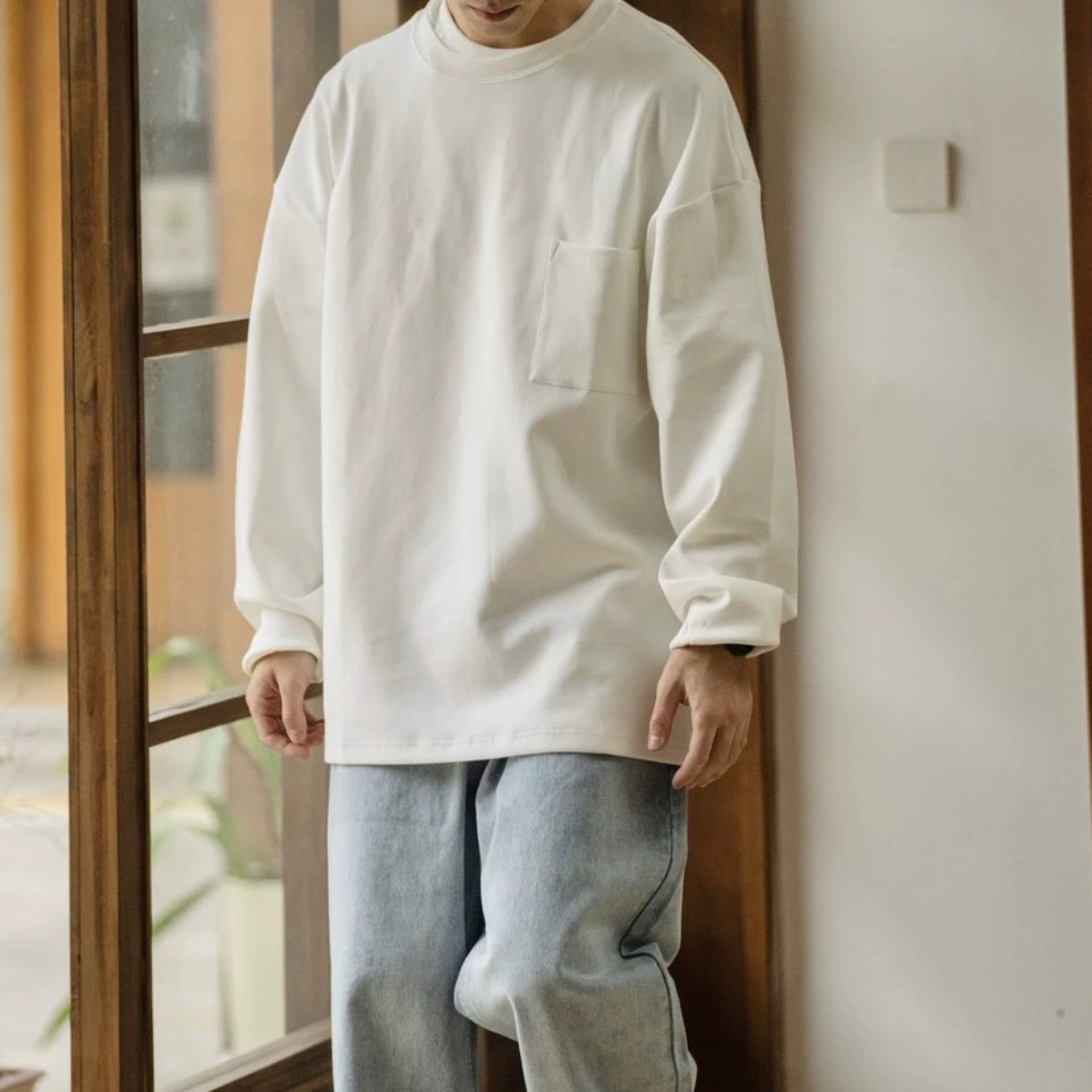 重磅太空棉小领口宽松长袖T恤