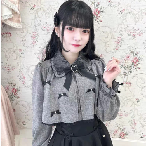 日系 rojita 蕾丝领斗篷蝴蝶结长袖衬衫 上衣抵肩喇叭罩衫衬衣