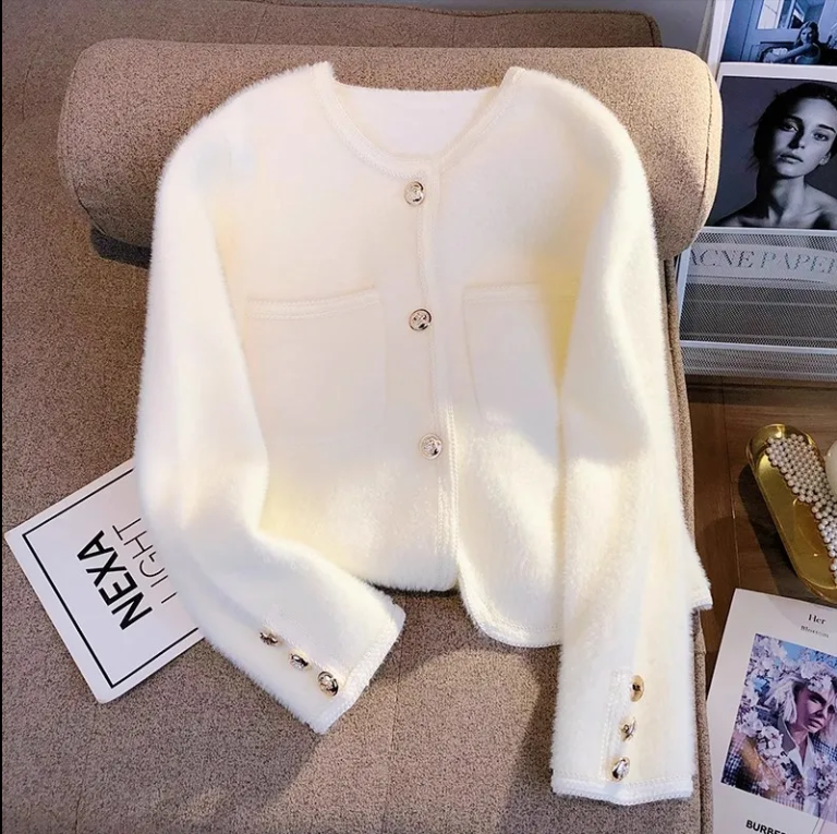 温柔仙女白色开衫毛衣外套女2025春秋季新款法式小香风水貂绒针织