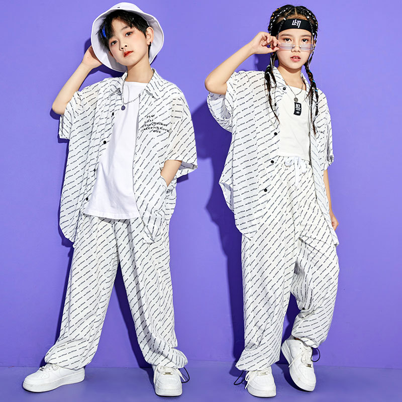 儿童街舞locking宽松嘻哈hiphop女童走秀popping衬衫套装演出服