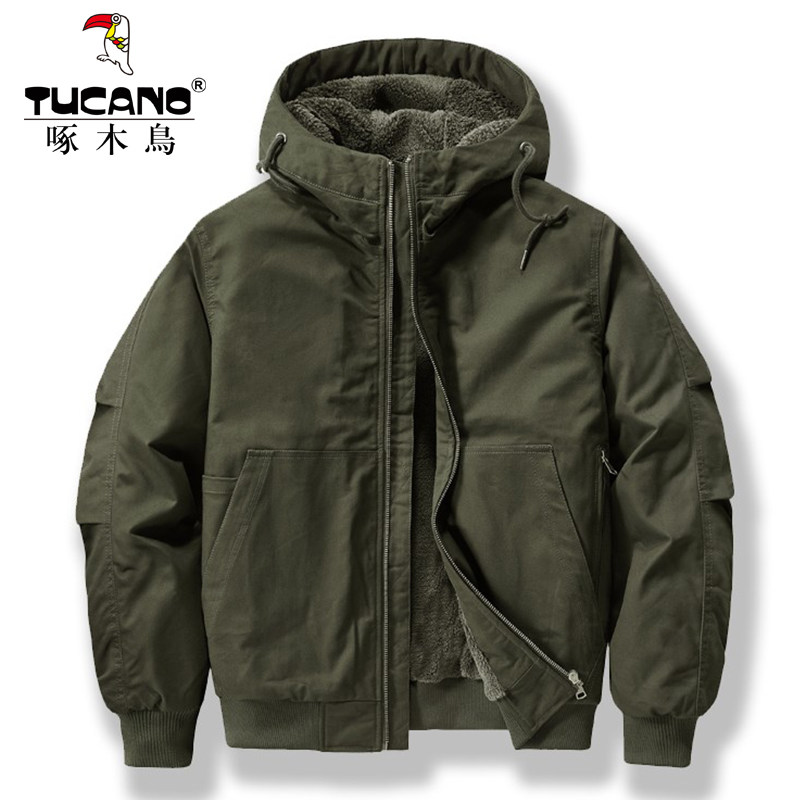 啄木鸟冬季加绒加厚棉衣男纯棉工装棉服宽松连帽外套保暖休闲夹克
