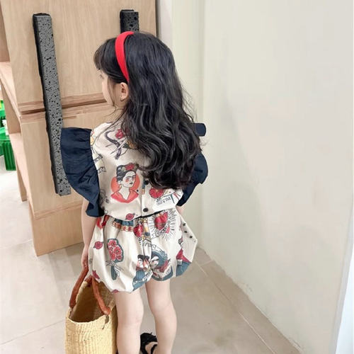 女童套装卡通飞袖上衣加花苞裤26夏装新款童装3-8岁