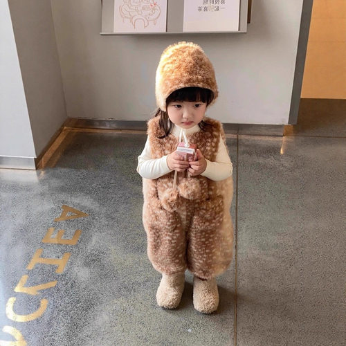 儿童装女童连体裤仿貂毛超柔手感鹿纹加厚连身衣26冬装新款含帽子