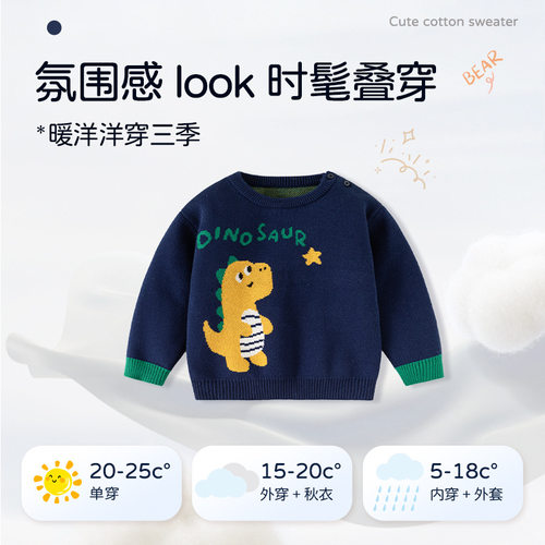 可爱小恐龙糯叽叽针织婴儿毛衣秋冬纯棉宝宝毛衣A类柔软儿童毛衣