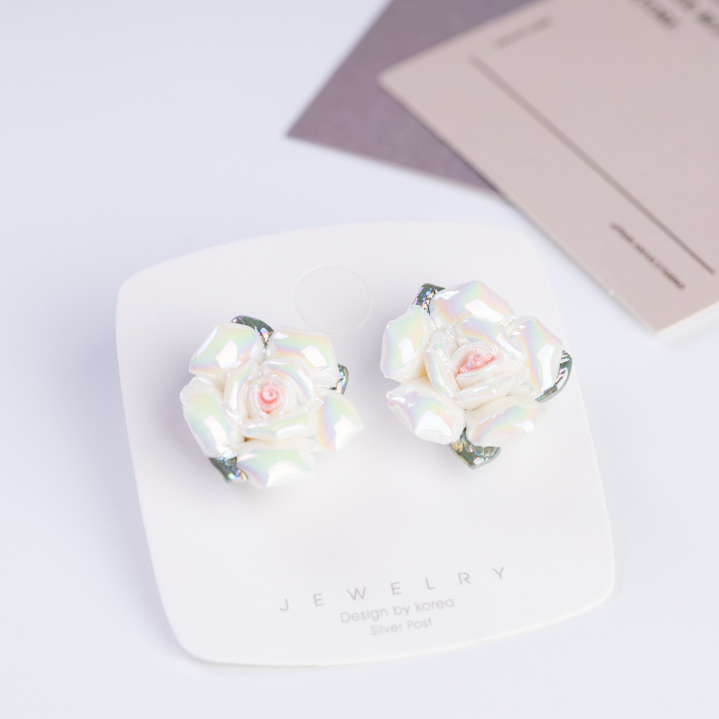 925银针耳钉国风陶瓷玫瑰耳环