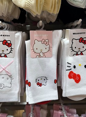 Hello Kitty系列经典蝴蝶结白红色刺绣长袜 名创优品MINISO凯蒂猫