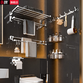 卫生间浴巾架全铜毛巾架浴室可折叠置物架高端五金挂件套装 免打孔