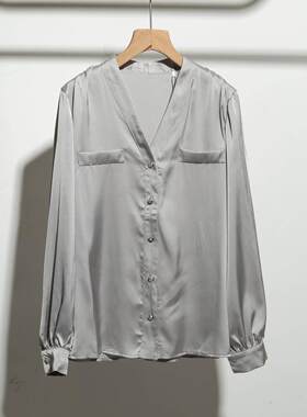 MM麦家商场同款2026秋季新品灰色缎面衬衫女上衣5F8123071