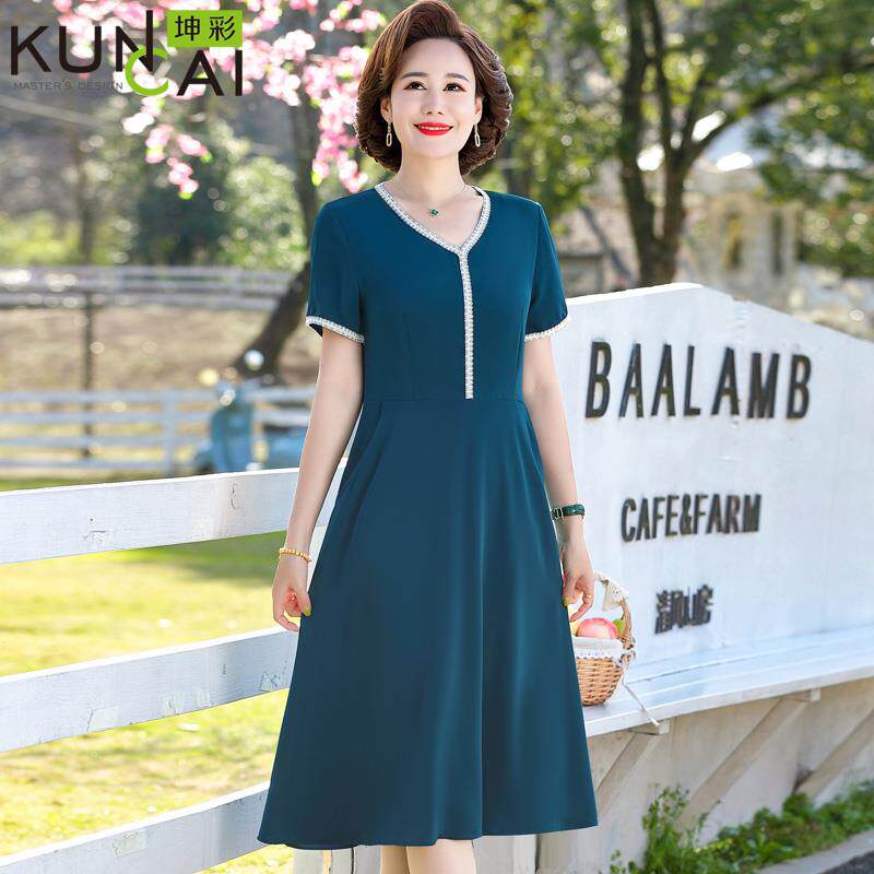 年轻妈妈气质雪纺连衣裙中年女夏装35岁45收腰中老年洋气高贵裙子