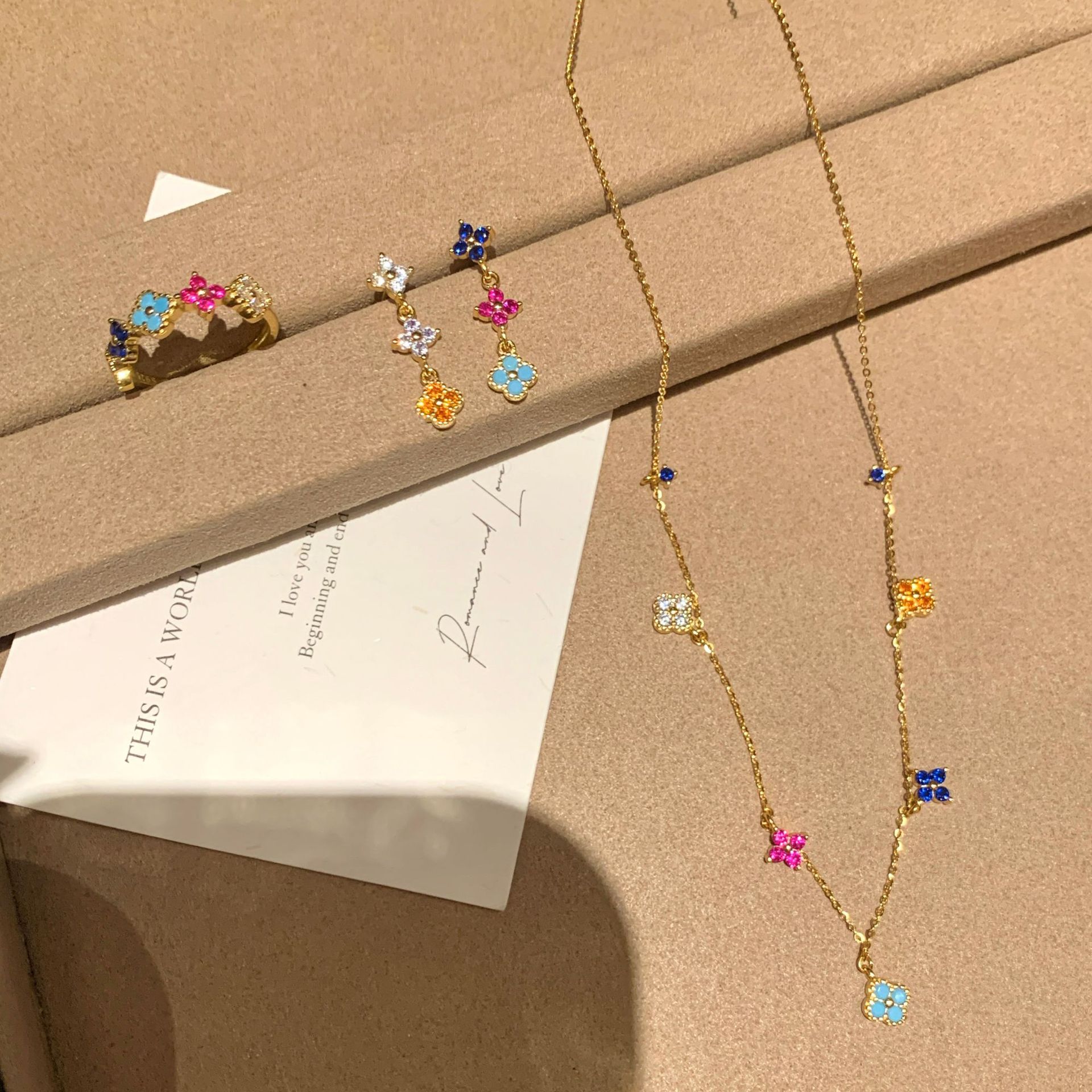 S925纯银彩虹四叶草项链耳钉戒指女中古风小众设计感轻奢套装