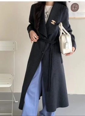 韩版休闲翻领直下摆腰带长款双面羊毛大衣BQJ86010