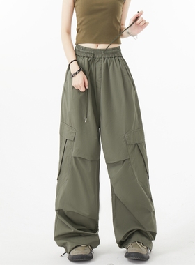 RUTO STUDIO抓褶军绿色工装裤美式街头复古宽松阔腿直筒休闲长裤