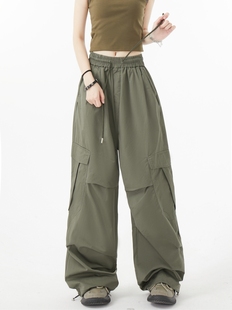 街头复古宽松阔腿直筒休闲长裤 RUTO 美式 裤 STUDIO抓褶军绿色工装