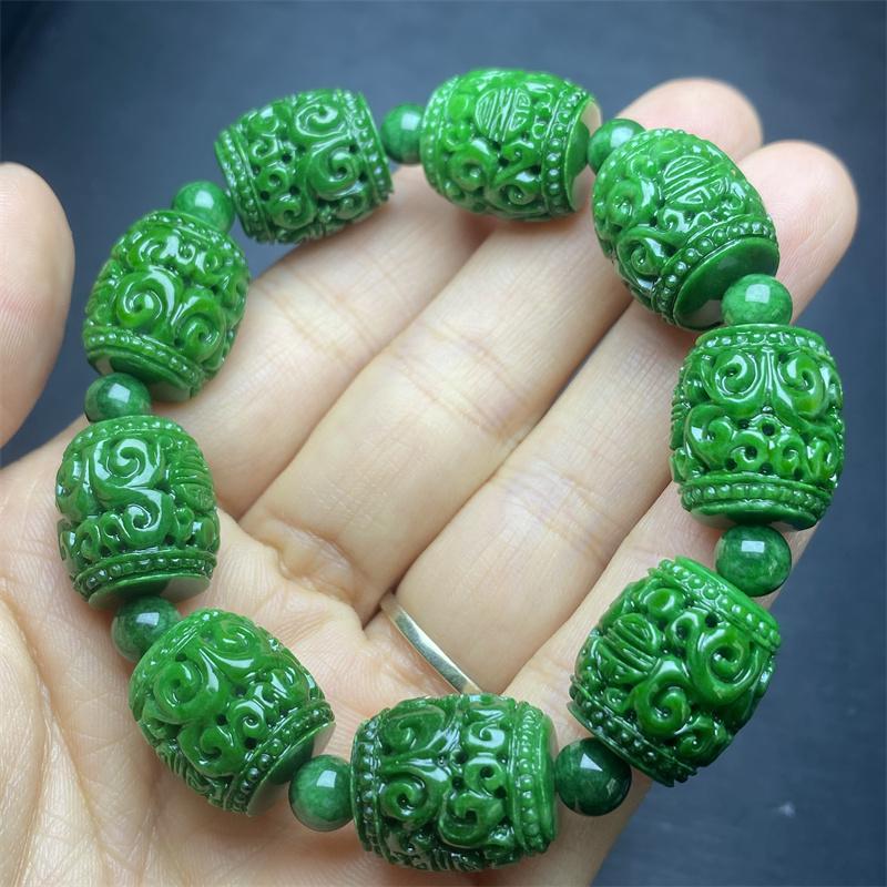 老坑花青转运珠辣绿玉石手链