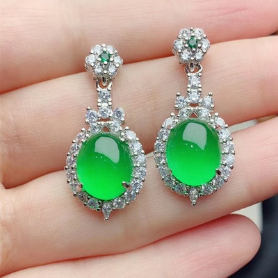 缅甸老坑a货耳饰女款辣绿玉石