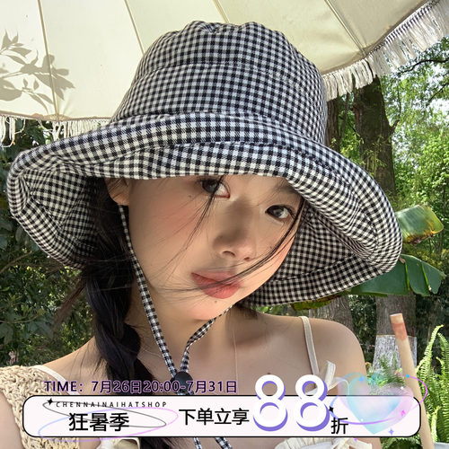 韩系ins风格子渔夫帽女春夏