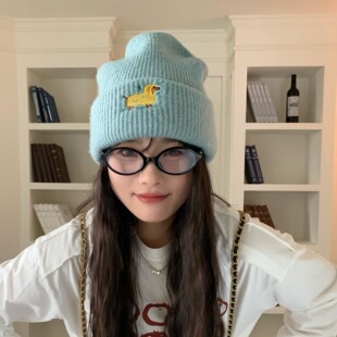 糯糯小狗~陈奶奶百搭刺绣毛线帽子女秋冬可爱大头围显脸小针织帽
